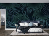 Tropical wall mural featuring palm leaves in luxury hotel lobby with emerald accents