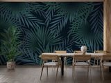 Dark green tropical mural in office space showing scale of palm leaf pattern