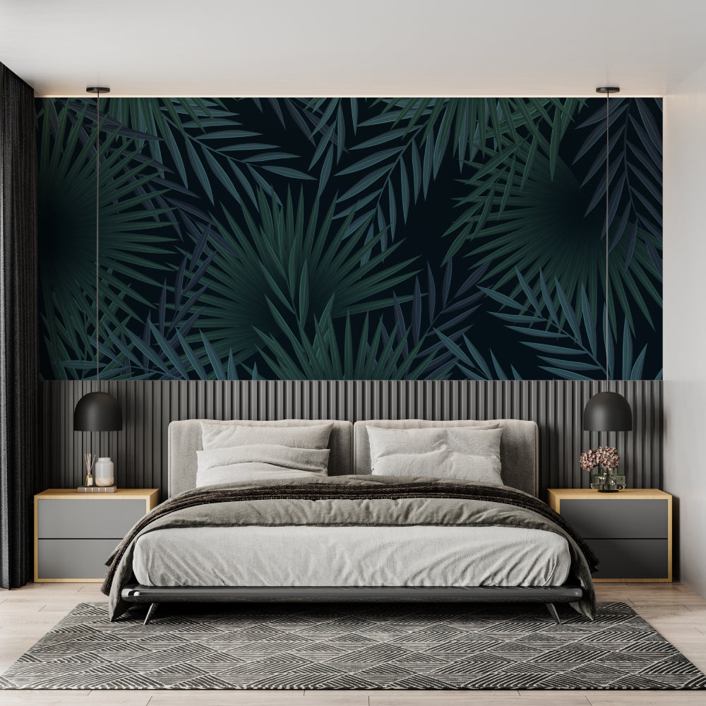 Tropical palm leaves wallpaper in modern living room with black sofa and natural light