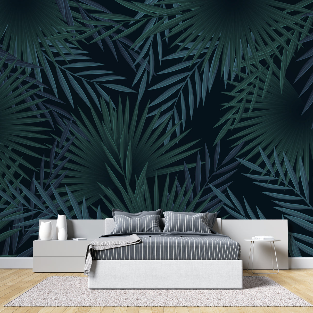 Dark green palm pattern mural in master bedroom creating peaceful atmosphere