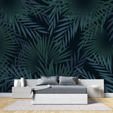 Dark green palm pattern mural in master bedroom creating peaceful atmosphere