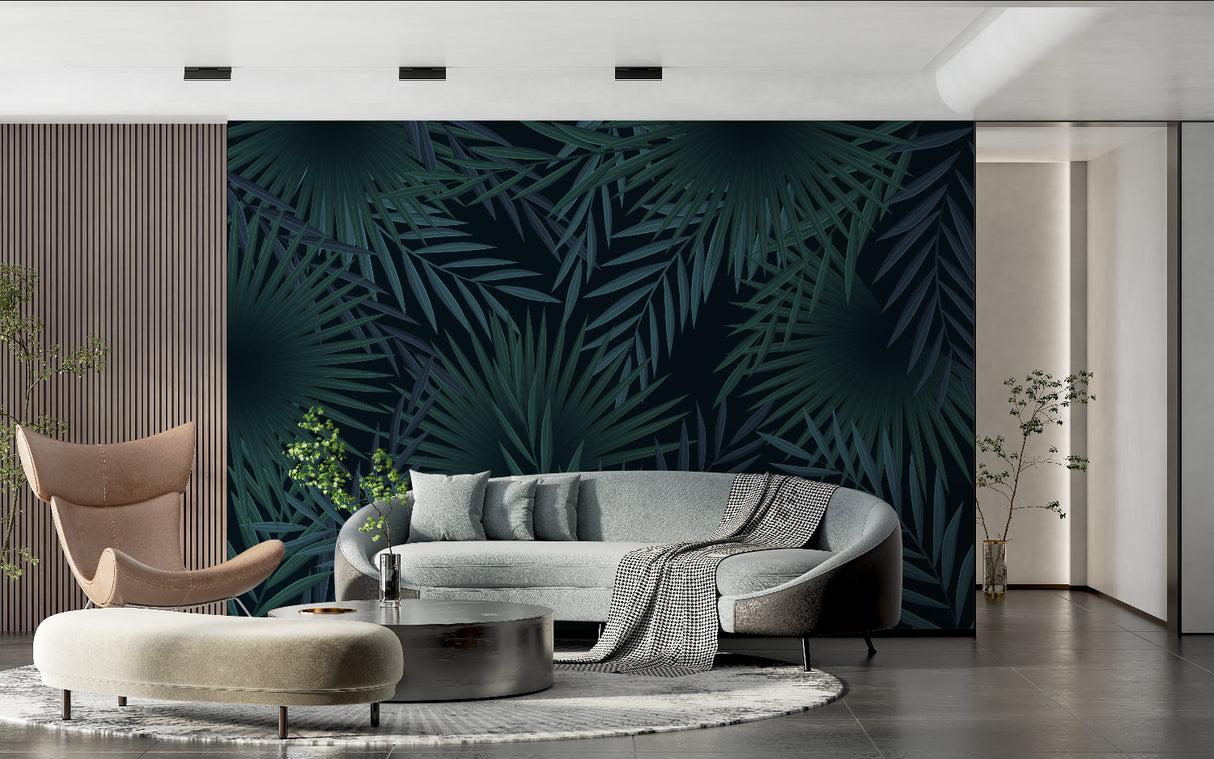 Botanical wall mural featuring palm leaves in stylish dining room setting