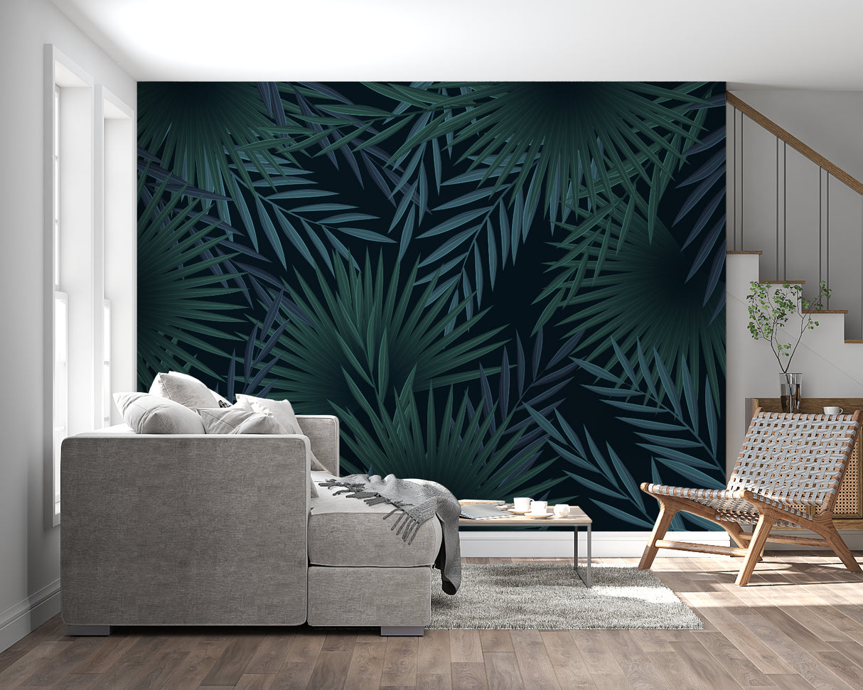 Palm leaves wallpaper accent wall in home office with natural decor