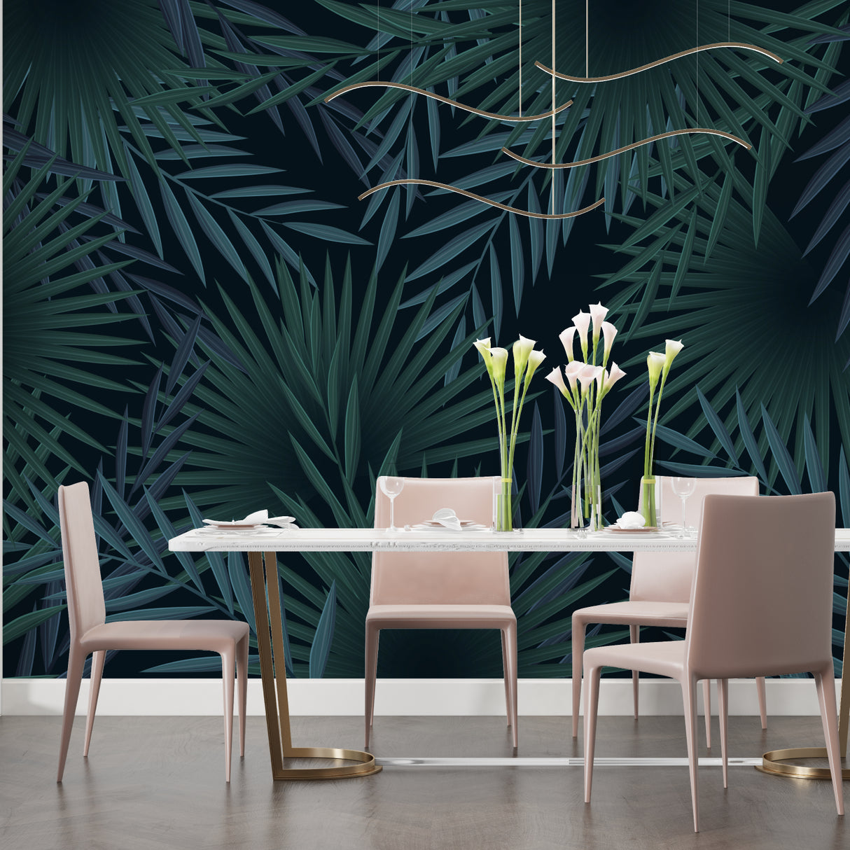 Tropical palm mural in contemporary bathroom with modern fixtures