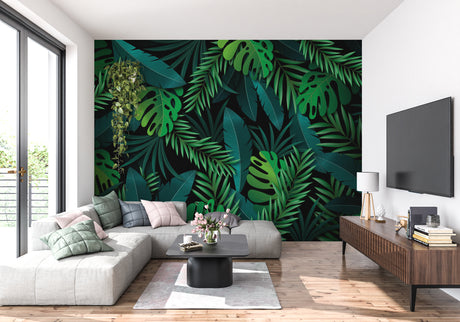 Tropical leaf wallpaper with dark monstera pattern creating drama in modern living room