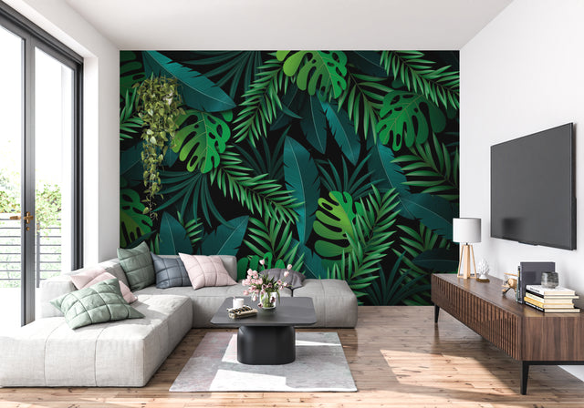Tropical leaf wallpaper with dark monstera pattern creating drama in modern living room