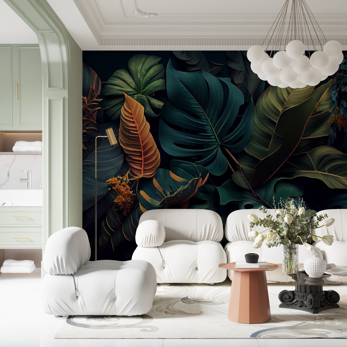 Tropical leaf mural creating drama in master bedroom with minimalist furniture