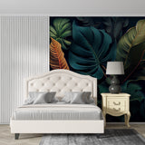 Monstera wallpaper adding depth to dining room with wooden table setup