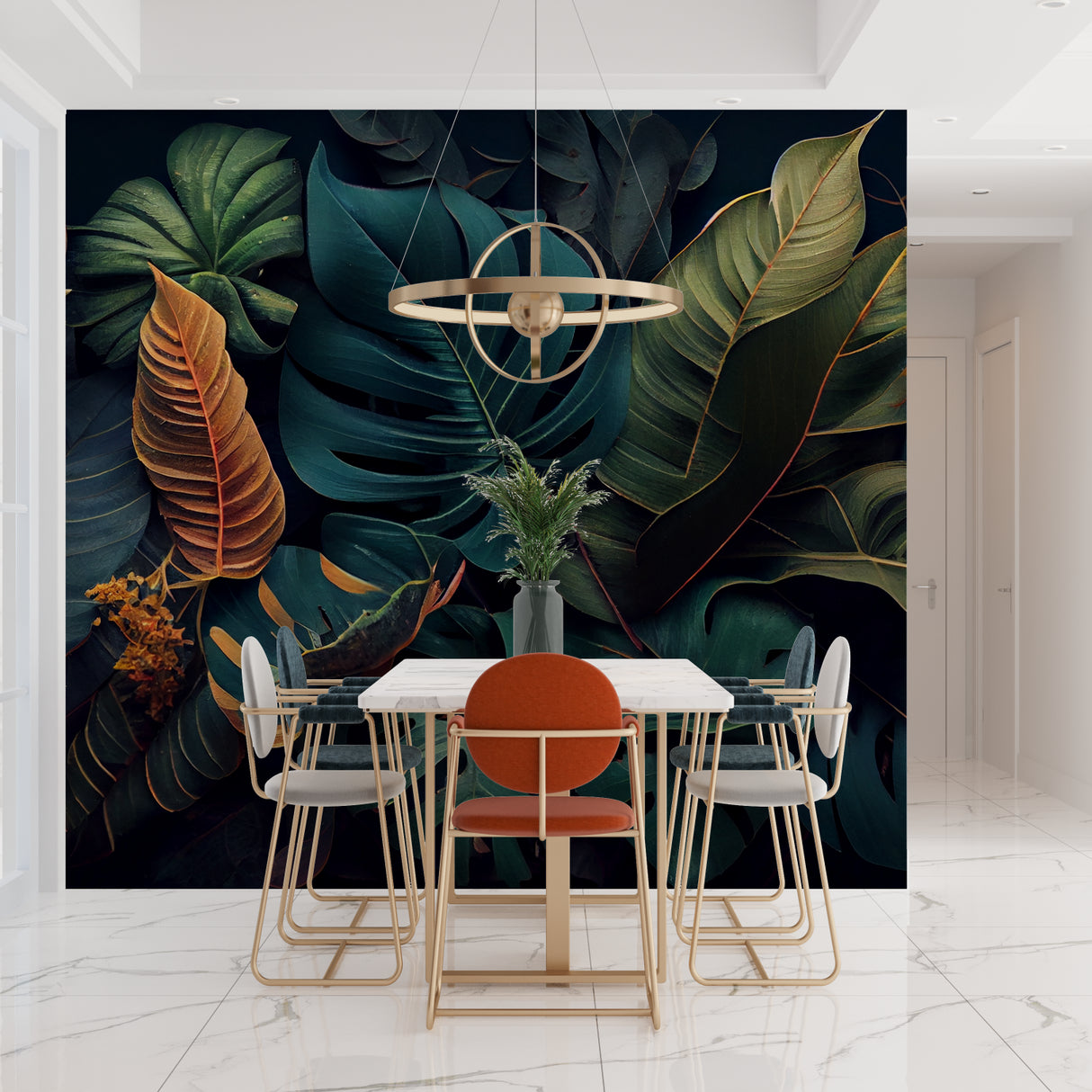 Dark botanical wall mural in home office with desk and modern chair