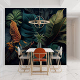Dark botanical wall mural in home office with desk and modern chair