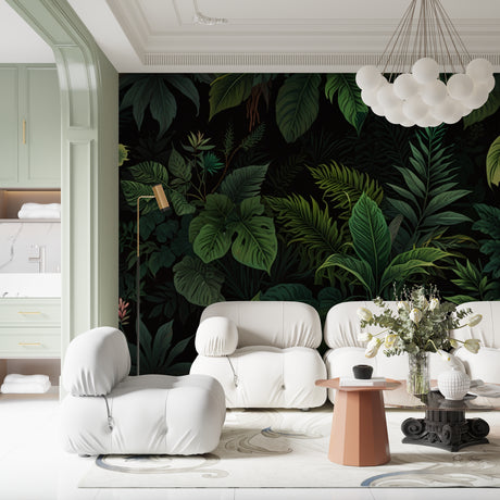 Tropical Monstera leaf wallpaper in modern living room with black sofa and natural light