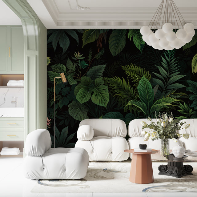 Tropical Monstera leaf wallpaper in modern living room with black sofa and natural light