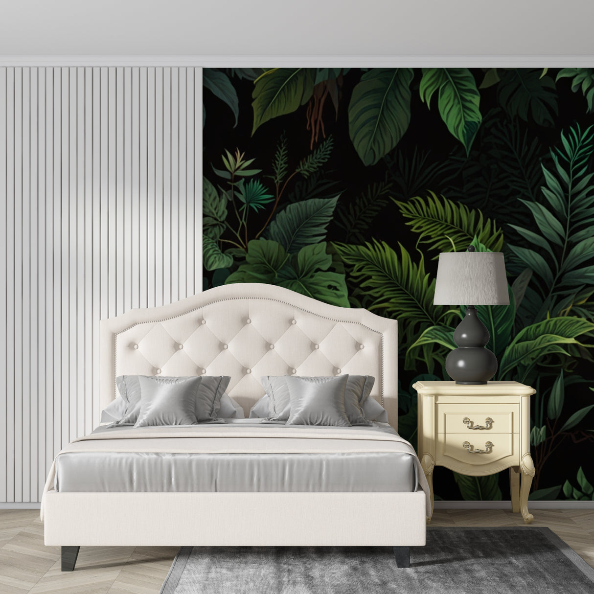 Monstera leaf mural wallpaper in master bedroom with mood lighting