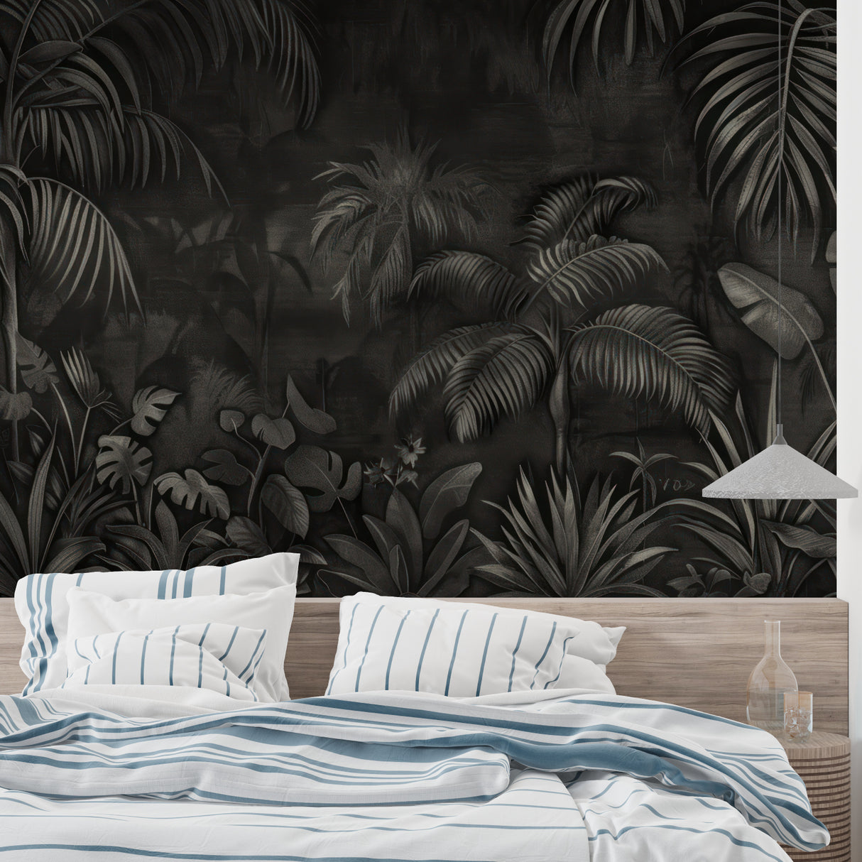 Black palm leaves pattern in dining room with contemporary furniture