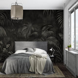 Dark botanical wallpaper in hallway with modern light fixtures