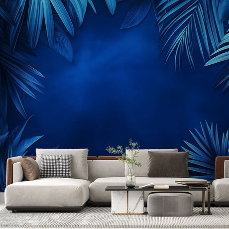 Tropical palm leaf wallpaper in modern living room, showing deep blue palm design creating a calm atmosphere