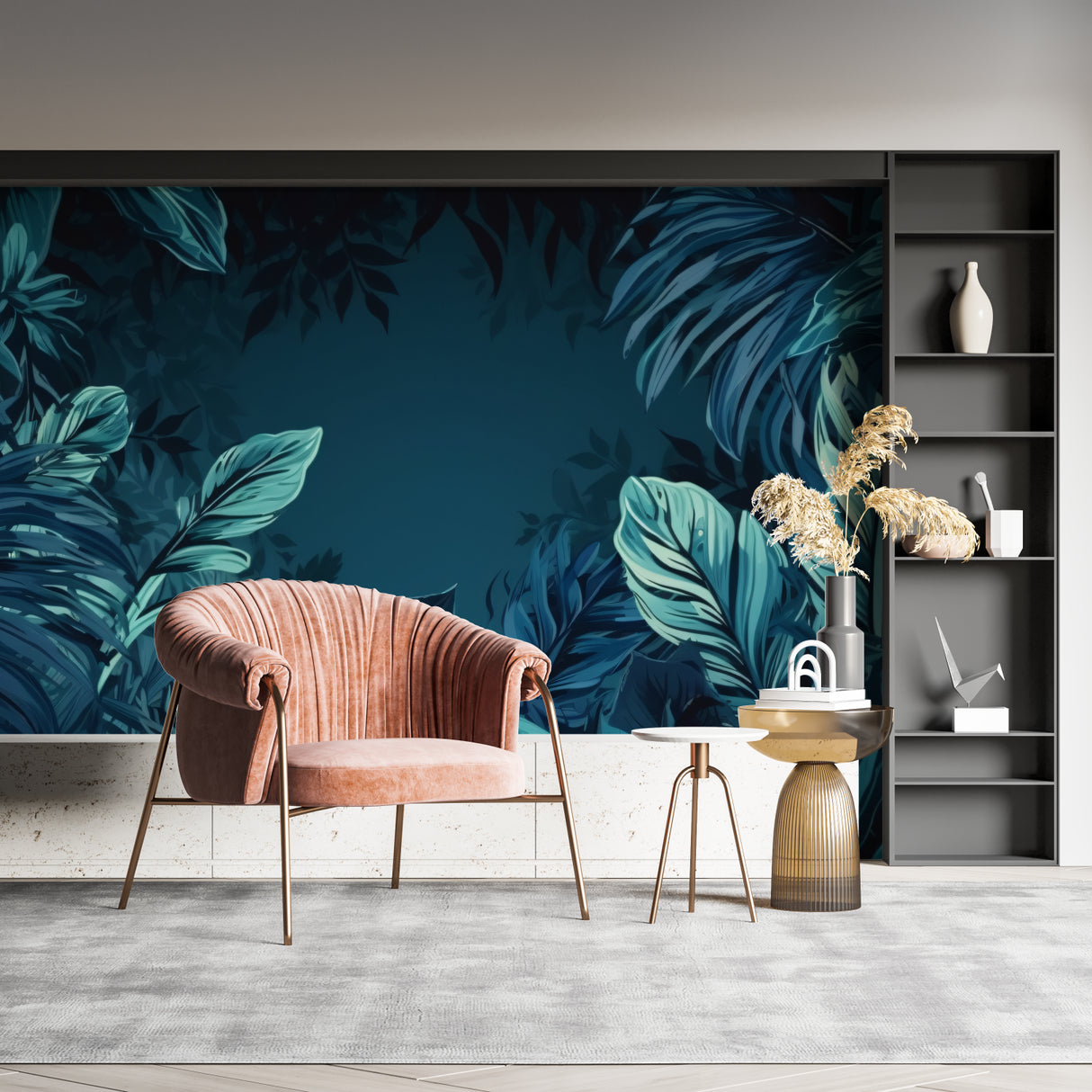 Tropical jungle wallpaper in teal creating a stunning backdrop in a modern living room with natural light