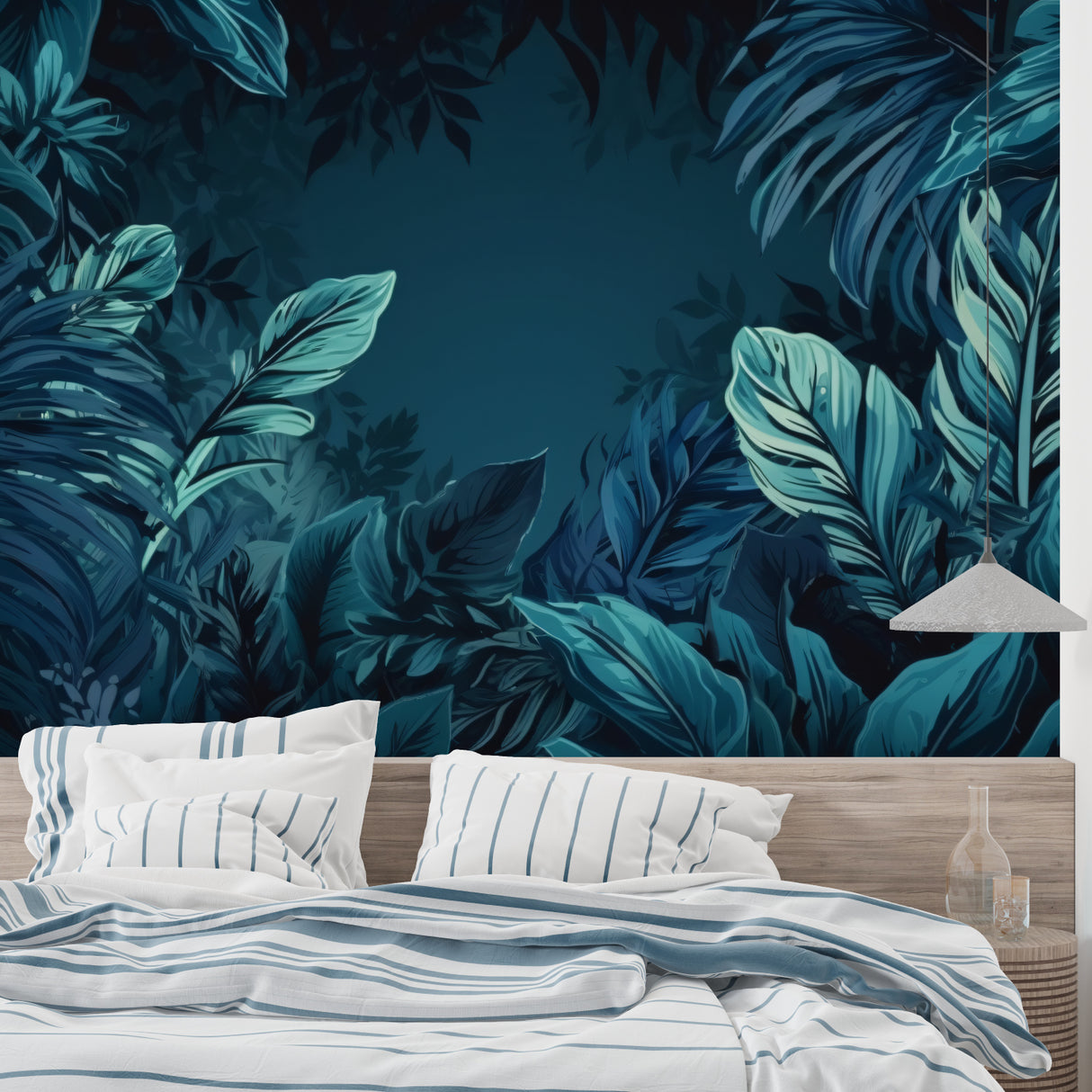Deep teal leaf mural transforming a bedroom into a peaceful retreat