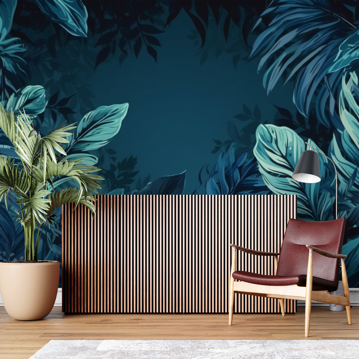 Jungle foliage mural in deep teal making a statement in a dining room setting