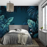 Teal botanical wallpaper creating depth in a minimal hallway space
