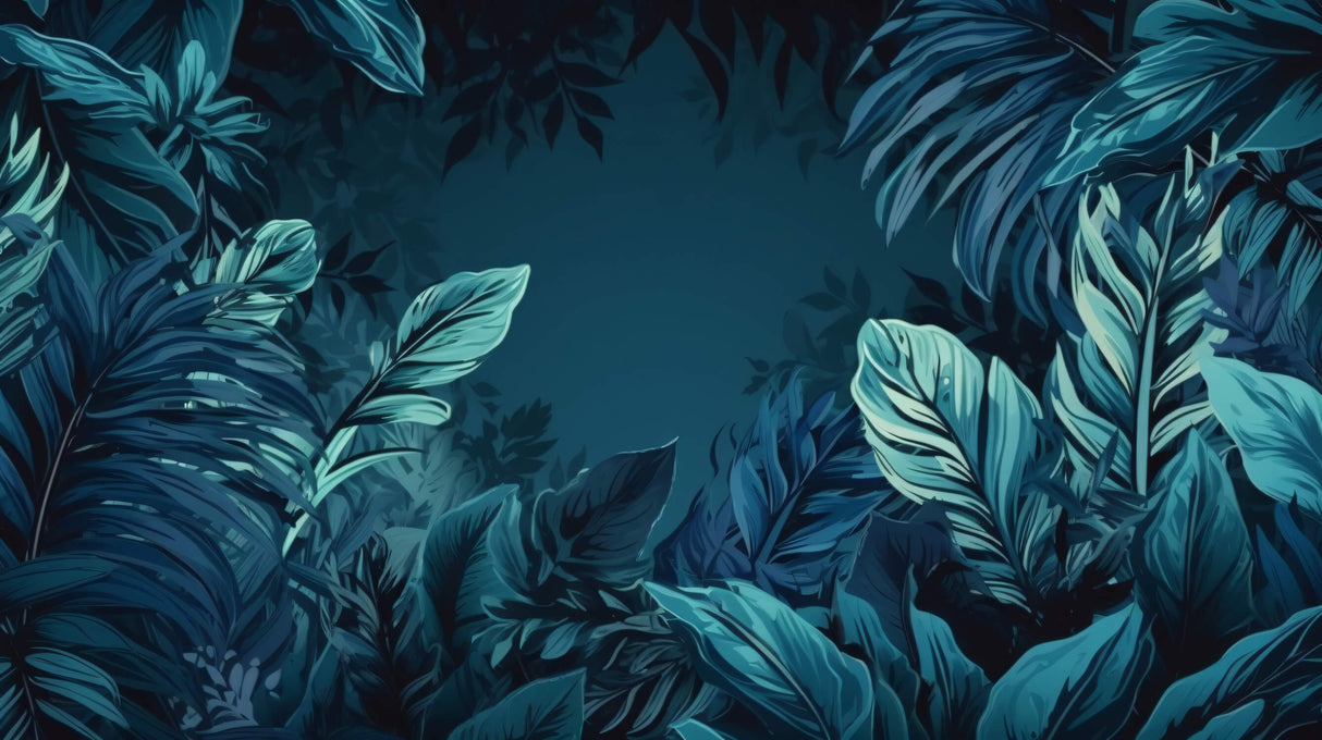 Large-scale tropical leaf design file showing intricate details of the deep teal jungle pattern