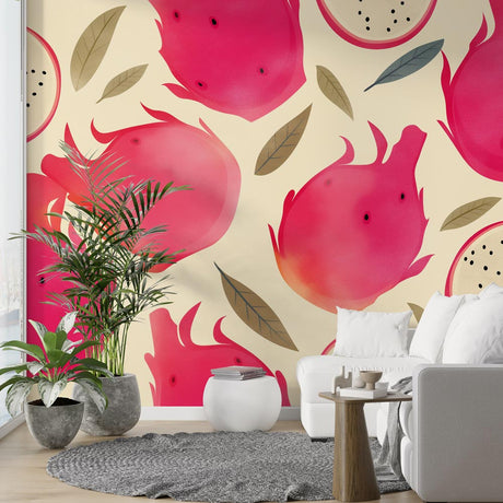 Tropical dragon fruit wallpaper creating a stunning accent wall in a modern white kitchen with marble countertops