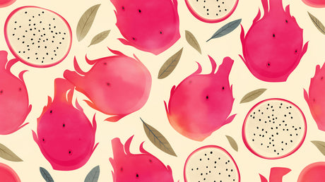 Dragon fruit pattern design file showing vibrant pink fruits and leaves on cream background
