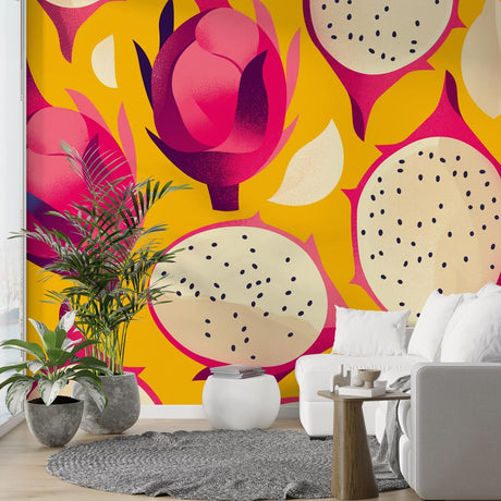 Tropical fruit wallpaper with dragon fruit pattern creating a bold statement wall in a modern kitchen with white cabinets