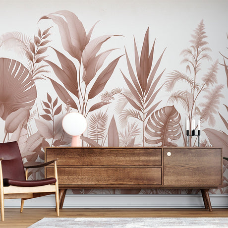 Tropical botanical wallpaper in dusky rose tones creating a serene atmosphere in a modern living room with natural light