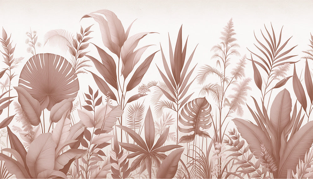 Dusky rose tropical botanical wallpaper design file showing detailed palm and monstera leaf pattern
