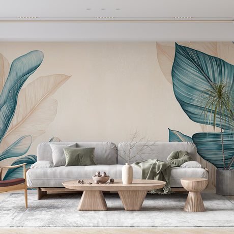 Tropical leaf wallpaper in modern living room showing teal and beige botanical pattern creating a fresh atmosphere