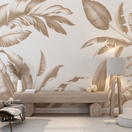 Tropical banana leaf wallpaper in beige creating a calm and sophisticated atmosphere in a modern living room