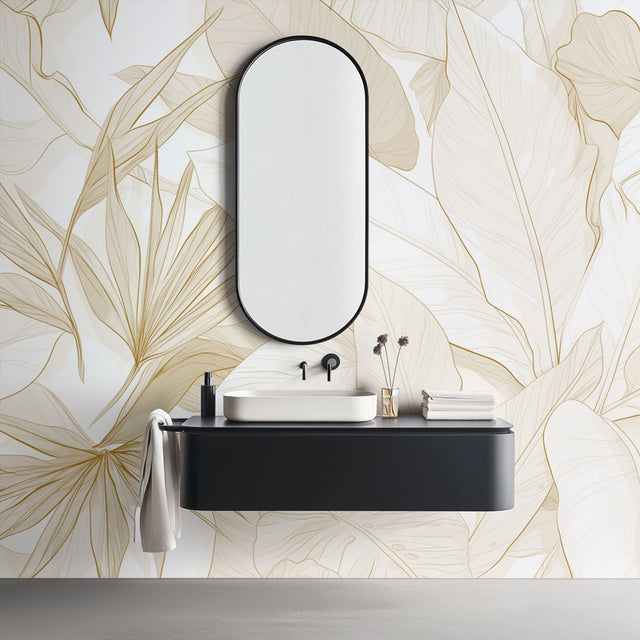 Tropical palm and monstera leaf wallpaper in beige creating a calm atmosphere in a modern living room setting