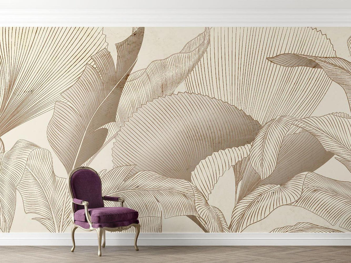 Tropical line art palm leaf wallpaper in modern living room with natural light