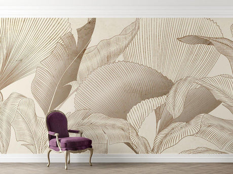 Tropical line art palm leaf wallpaper in modern living room with natural light