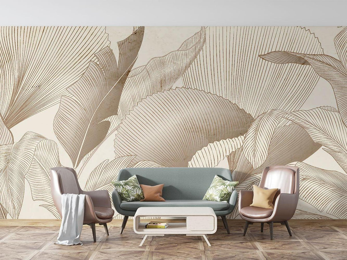 Elegant palm leaf mural in minimalist bedroom setting
