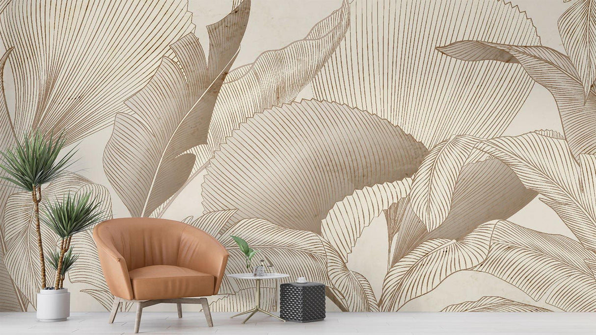 Line art tropical wallpaper in contemporary dining room