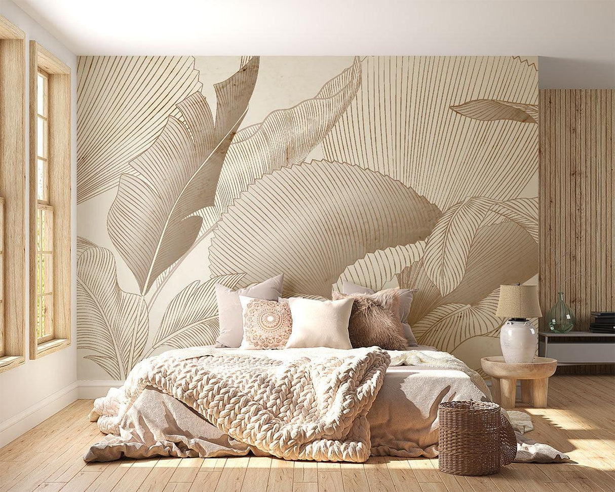 Botanical line art wallpaper in modern entryway