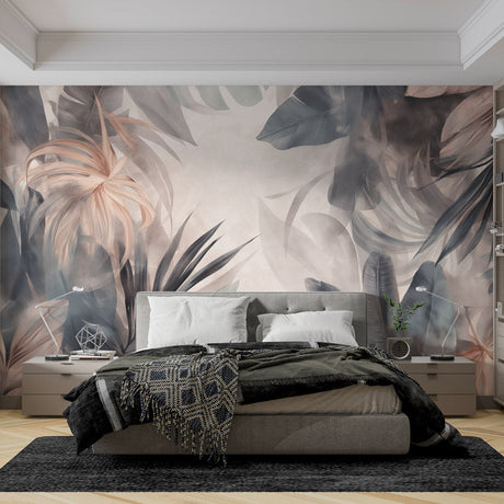 Tropical leaf wallpaper creating a fresh feel in a modern living room with natural light and minimalist furniture