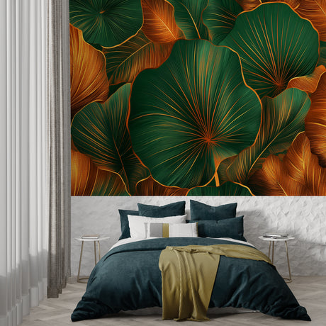 Tropical leaf wallpaper in modern living room showing emerald green and gold pattern creating depth