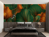 Emerald and gold tropical wallpaper in dining area with natural lighting