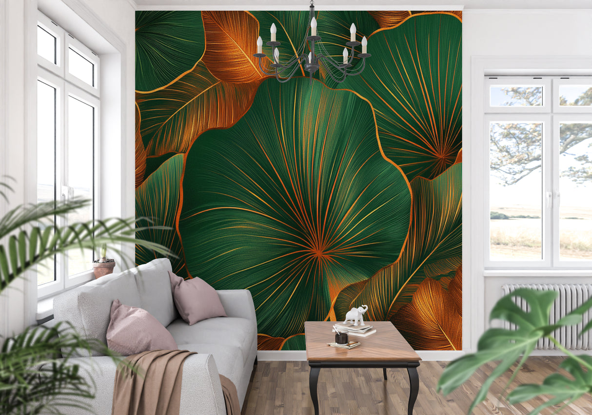 Luxury emerald leaf wallpaper featured in master bedroom setting