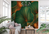 Luxury emerald leaf wallpaper featured in master bedroom setting