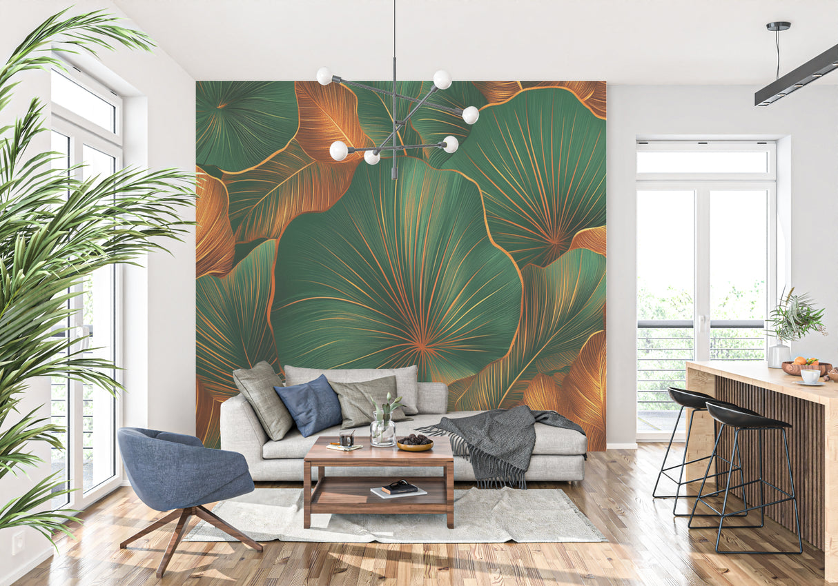 Green and gold botanical wallpaper showcased in home office space