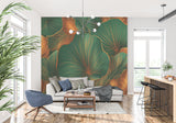 Green and gold botanical wallpaper showcased in home office space