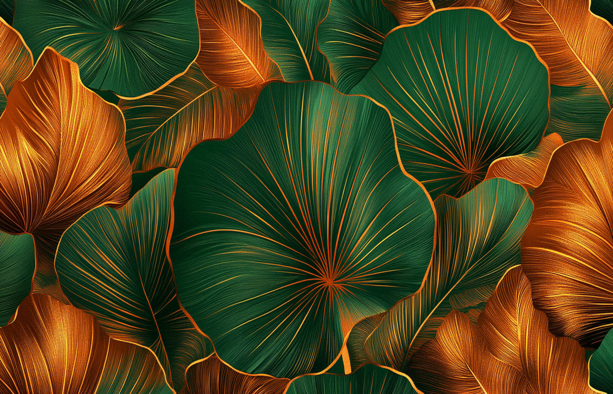 Design file of emerald green tropical leaves with gold accents pattern