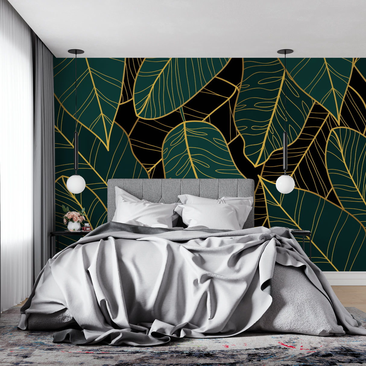 Tropical leaf wallpaper in modern living room showing emerald green and gold palm pattern