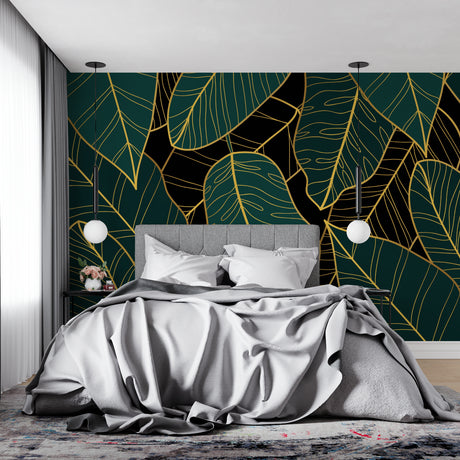 Tropical leaf wallpaper in modern living room showing emerald green and gold palm pattern
