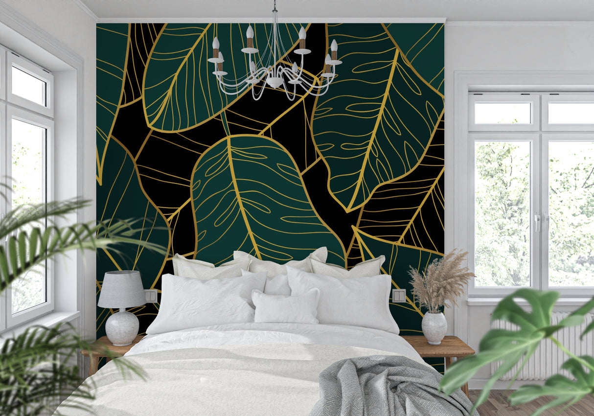 Master bedroom with elegant emerald and gold tropical wall mural creating luxury feel