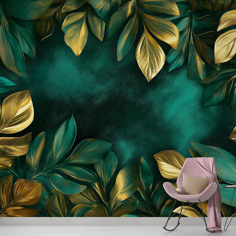 Tropical leaf wallpaper with emerald and gold design creating a luxurious atmosphere in a modern living room
